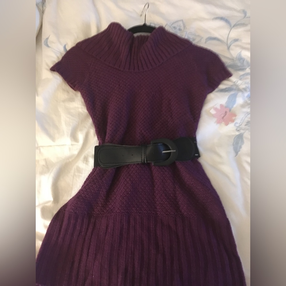 Grane: Girls NWT Purple Sweater -Tunic -Cowl Neck Dress Black Belted-Size M